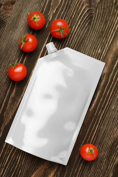 Sac Pochette Plastique Blanc Avec Couvercle Angle Sur Table Bois — Photo