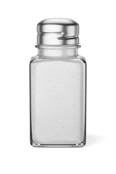 透明的盐瓶在白色背景上被分离出来 3D渲染说明 — 图库照片