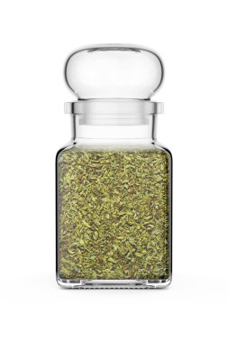Transparent oregano jar isolated on white background. 3d rendering illustration.