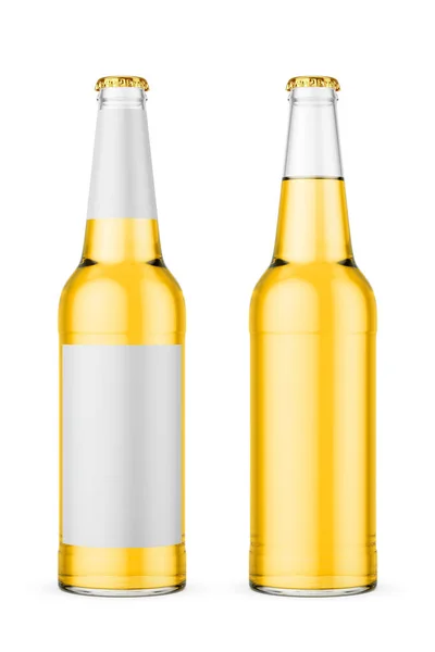Lahvička Piva Čistá Etiketou Izolovanou Bílém Čiré Sklo Žluté Barvy — Stock fotografie