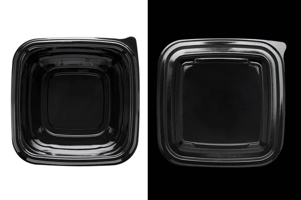 Black Plastic Food Container Transparent Lid White Black Background Top — Stock fotografie