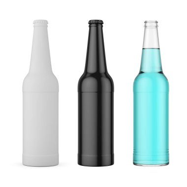 Crear beer bottles. Set of white, black, transparent bottles for mock-up creation. 3d rendering illustration.
