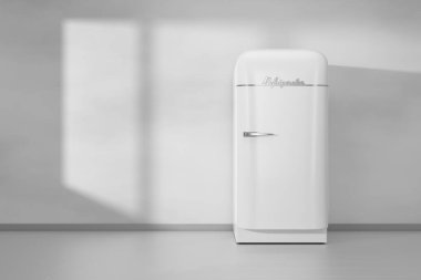 Mutfak içi gri minimalistik bir buzdolabı. Sadece zemin duvarı ve pencereden gelen güneş ışığı var. 3B görüntüleme.