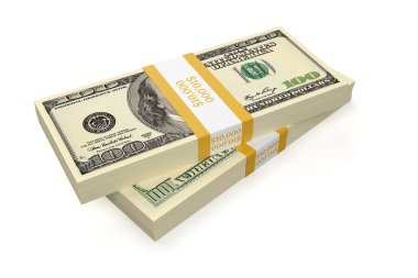 Beyaz arka planda izole edilmiş iki deste 100 dolarlık banknot. 3d resimleme.