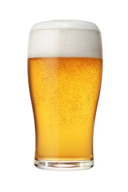 Beyaz arka planda köpük kapaklı bir bardak bira.