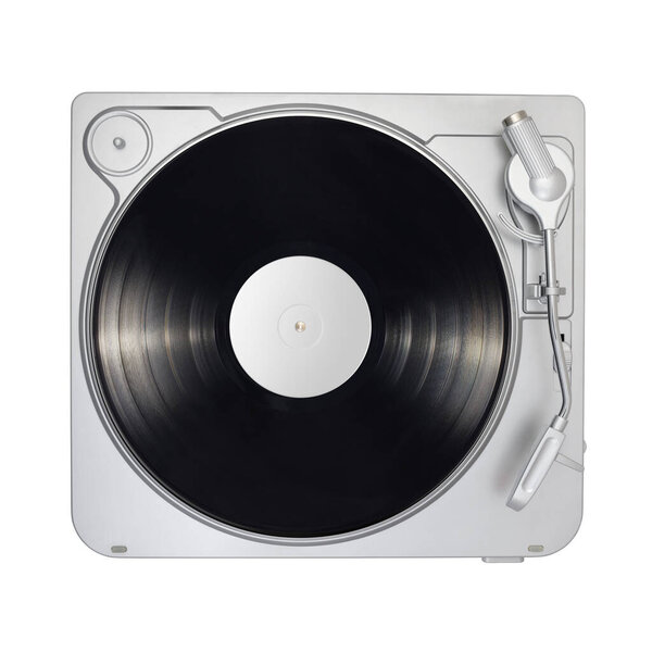 Turntable with long play or LP vinyl record isolated on white background. Top view.
