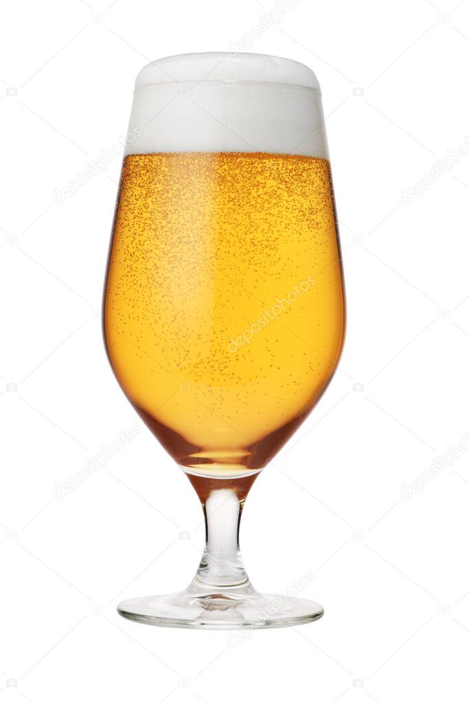 Glass of beer with foam cap isolated on white background