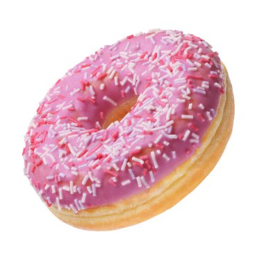 Beyaz arka planda izole edilmiş renkli parçacıkları olan pembe donut..