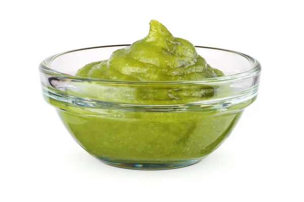 Glas Skål Med Grön Wasabi Sås Isolerad Vit Bakgrund — Stockfoto