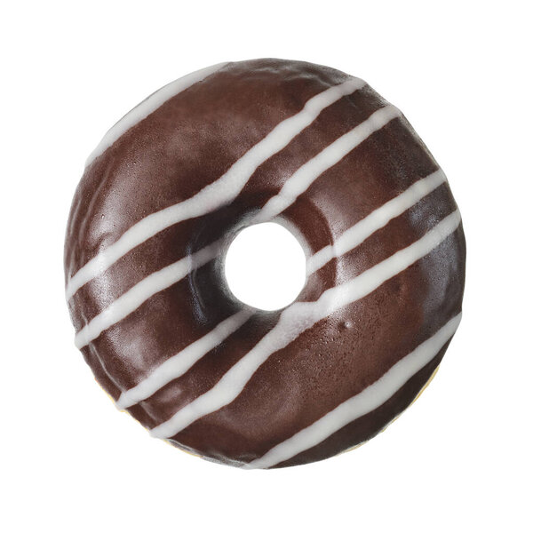 Chocolate donut with white strips isolated on white background. Top wiew.