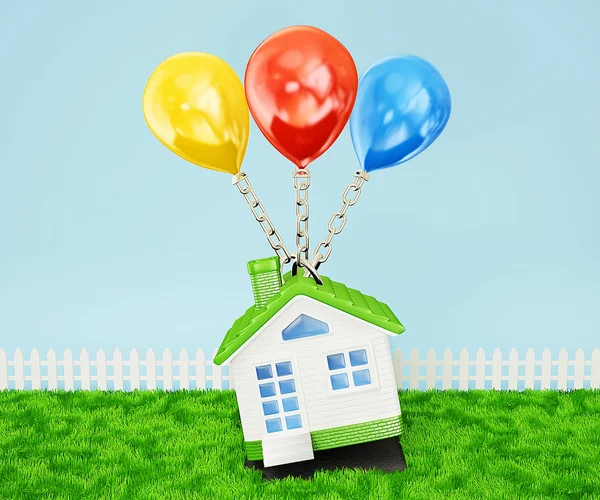 Green house con un palloncino colorato volare da qualche parte — Foto Stock