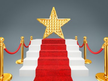 Gold star on a red carpet. 3d image