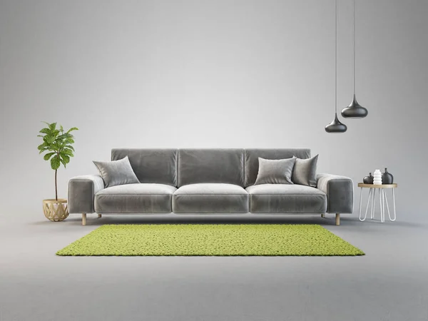 Interni Dal Design Moderno Con Divano Tappeto Verde Mobili Scandinavi — Foto Stock