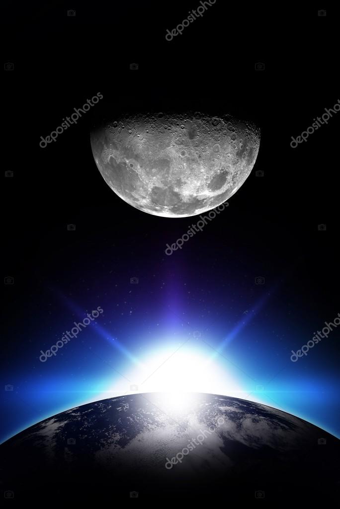 Sunrise and Moon - Vertical Space Illustration. Rising Sun, Earth and the Moon. Simple and Cool Illustration. Your Logo Ready!