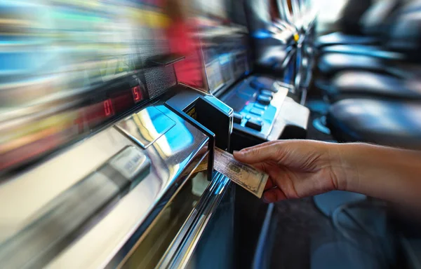 Gambling Industry Theme Money Spending Gambling Caucasian Woman Inserting Another — Stock Photo, Image