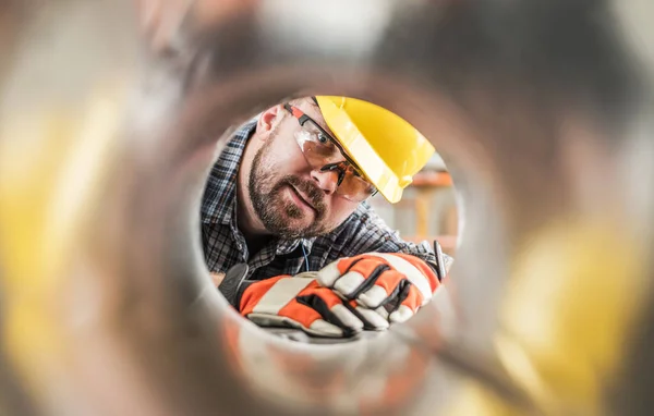 Caucasian Construction Worker Wearing Yellow Hard Hat Safety Glasses Looking — Stock Photo, Image