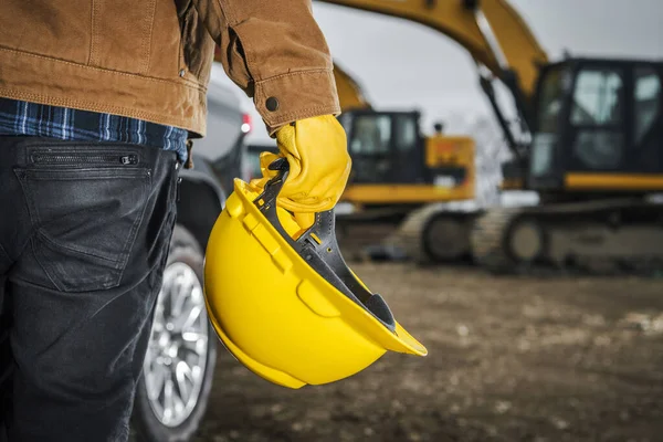 Zona Construção Segurança Principal Empreiteiro Trabalhador Com Duro Amarelo Mão — Fotografia de Stock