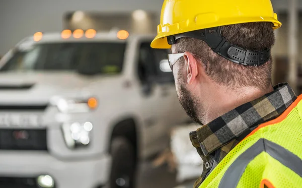 Construction Worker Yellow Hard Hat Eyes Protection Glasses Looking His — Stockfoto