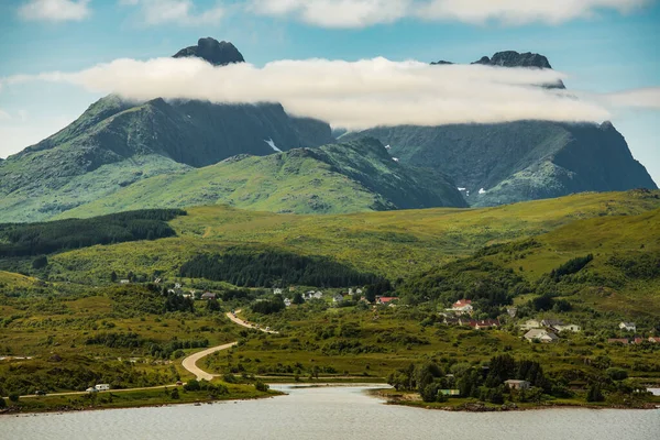Lofoten Archipelago Villages Nordland County Norway Scenic Two Peaks Covered — Zdjęcie stockowe