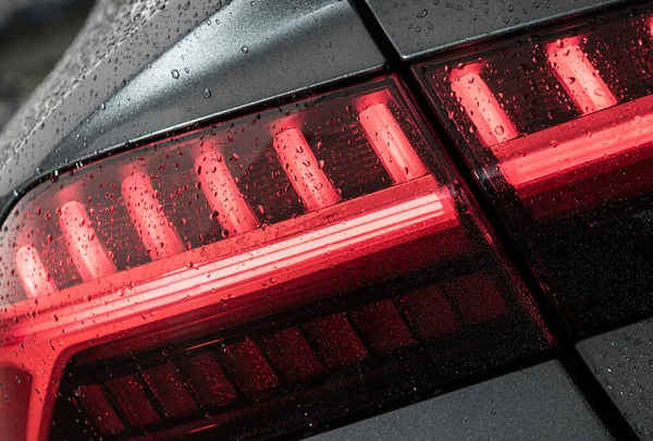 Modern Vehicle Wet Car Washing Rear Led Light Close Automotive — стоковое фото