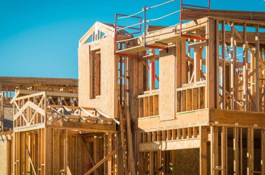 New American Homes Construction. Wooden Skeleton Frame. Wood Framing. House Development.