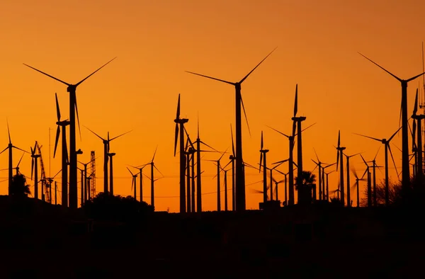 Large Wind Energy Power Plant Scenic Sunset Wind Turbines Silhouettes — Stok fotoğraf