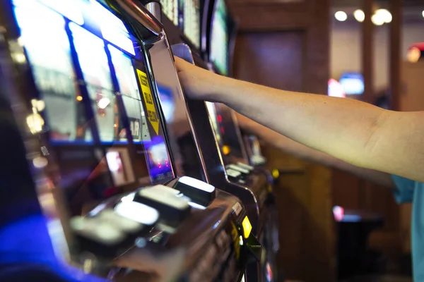 Caucasian People Playing Classic Casino Slot Machines Close Photo Las — Fotografia de Stock