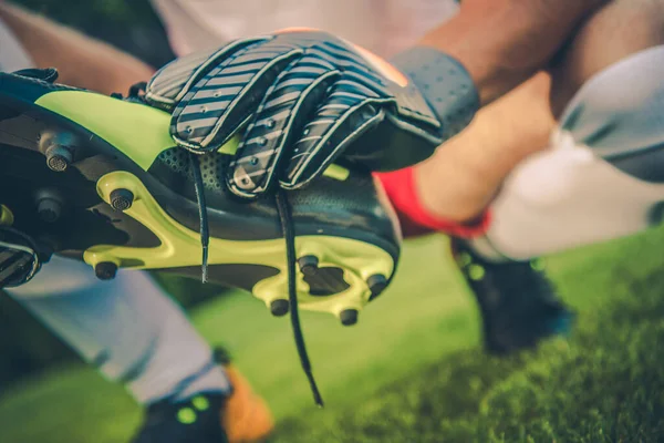 Soccer Goal Keeper Preparing Match Football Cleats Gloves Close — Stok fotoğraf