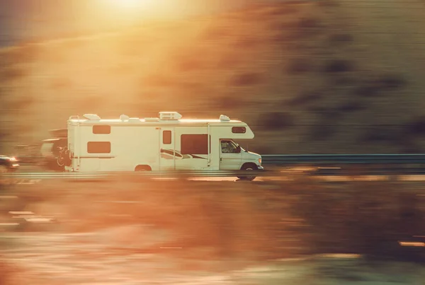 Speeding Class Motorhome Highway Motion Blur Recreational Vehicles Camping Theme — стоковое фото