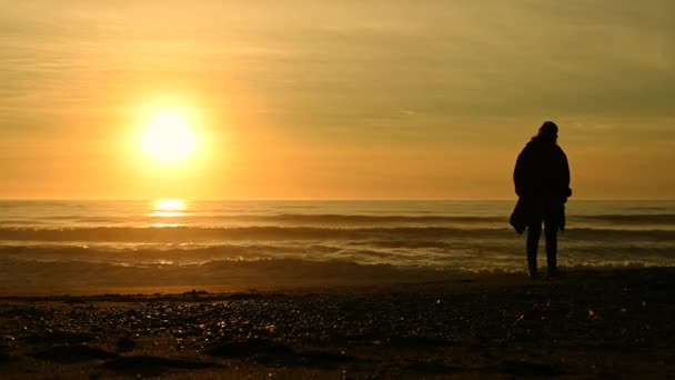 Mujer Caucásica Caminando Sola Largo Playa Durante Atardecer Escénico — Vídeos de Stock