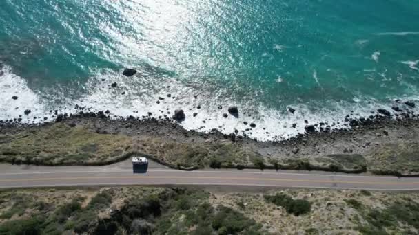 Recreational Vehicle Motorhome Class Camper Van California Coastal Highway Aerial — Stock Video