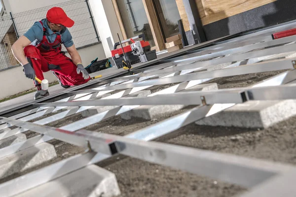 Caucasian Construction Worker Building Composite Boards Residential Patio Area Based — Stock Photo, Image