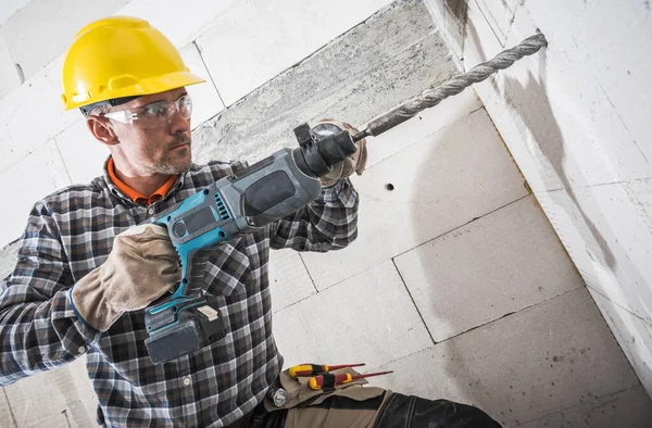 Caucasian Construction Worker His 40S Powerful Hammer Drill Drilling Necessary — ストック写真