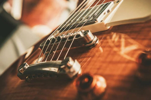 Music Industry Theme Elegant Exotic Wood Made Electric Guitar Close — Stockfoto