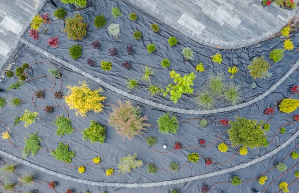 Аэрофотосъемка Недавно Созданной Темы Садово Паркового Ландшафтного Дизайна — стоковое фото