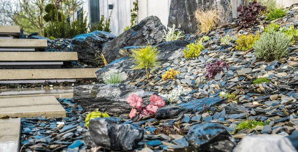 Yeni kurulan Modern Arka Bahçe Kayalık Bahçesi Büyük Dekoratif Taşlar ve Egzotik Bitkilerle.