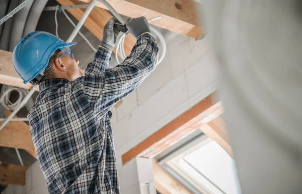 Construction Electric Contractor Worker Installing Ceiling Light Point Caucasian Electrician — Foto de Stock
