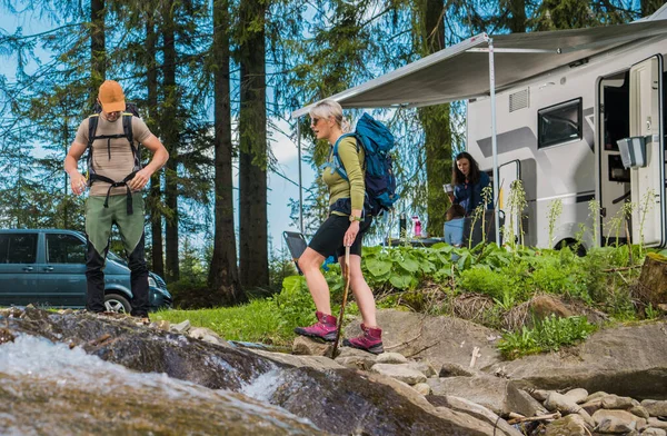 Caucasian Backpackers Ready Hike Camping Theme Camper Van Background Trailhead — Stok fotoğraf