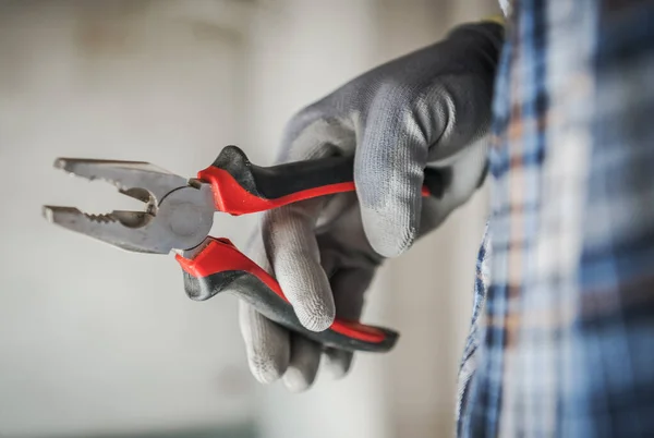 Construction Worker Pliers His Hand Close Industrial Theme — ストック写真