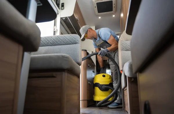 Cleaning Motorhome Camper Van Interior Caucasian Worker His 40S Industrial — Φωτογραφία Αρχείου