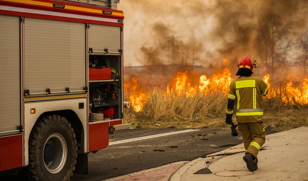 Πυροσβέστες Περπατούν Δίπλα Στο Πυροσβεστικό Όχημα Κατά Διάρκεια Κλήσης Έκτακτης — Φωτογραφία Αρχείου