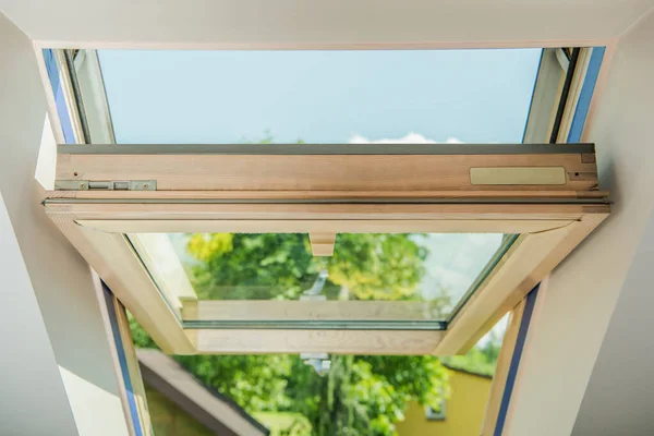 Closeup Open Wooden Roof Window Brand New Installation Residential Building — Stock Photo, Image