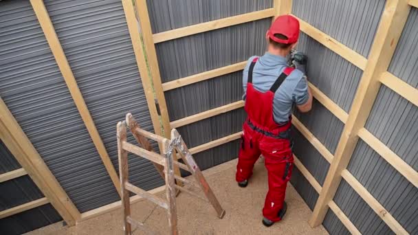 Wood Skeleton Frame Composite Walls Garden Storage Shed Building Caucasian — стокове відео