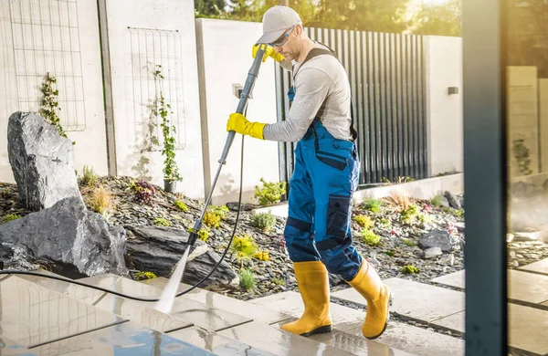 Caucasian Men Waterproof Yellow Gumboots Gloves Cleaning Concrete Terrace House — Stock Photo, Image