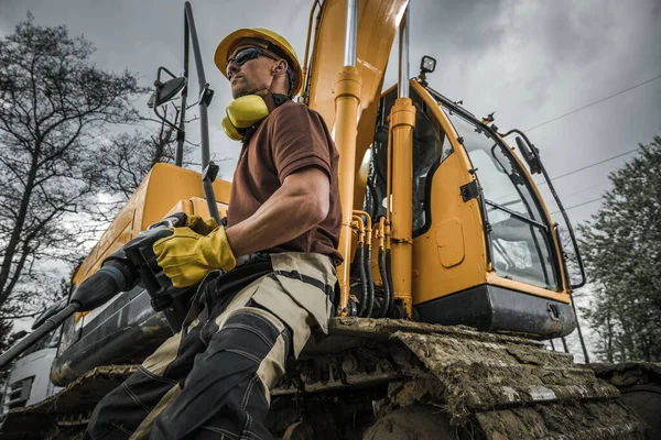 Caucasian Construction Worker His 40S Proudly Holding Jackhammer Front Big — Stock Photo, Image