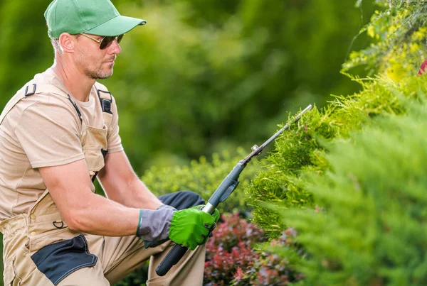 Closeup Male Caucasian Gardener His Wearing Sunglasses Green Cap Enjoying — Stok Foto