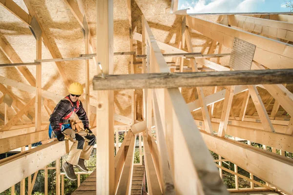 Caucasian Contractor His Work Wear Yellow Construction Safety Helmet Taking — Stock Photo, Image