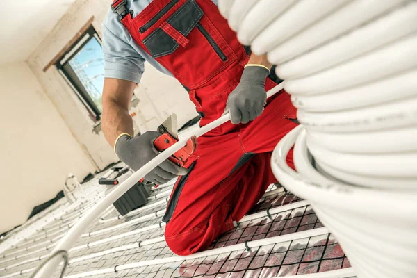 Floor Radiant Heating Systems Installation House Professional Caucasian Hvac Worker — Stock Photo, Image