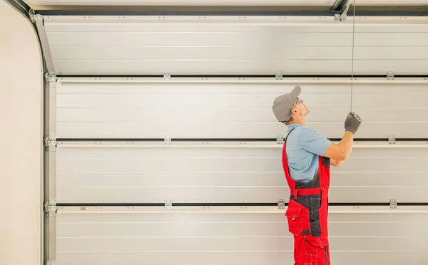 Automatic Residential Garage Doors Installation Performed Professional Caucasian Technician His — Foto Stock