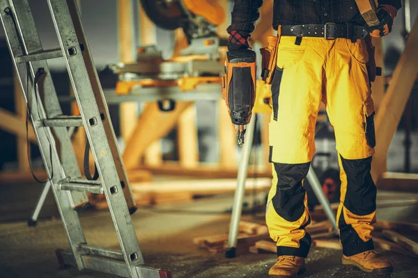 Construction Contractor Worker Nail Gun His Hand Newly Developed Wooden — Stockfoto